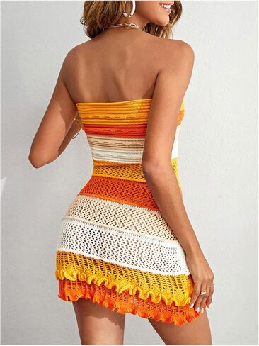 Makemechic Women's Crochet Crocket Cover Up Beachwear Colorblock Tube Mini Dress in Saudi Arabia
