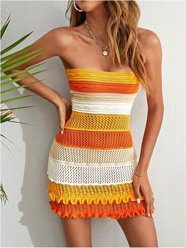 Makemechic Women's Crochet Crocket Cover Up Beachwear Colorblock Tube Mini Dress in Saudi Arabia