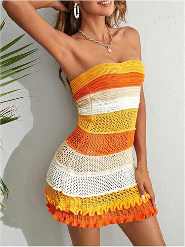 Makemechic Women's Crochet Crocket Cover Up Beachwear Colorblock Tube Mini Dress in Saudi Arabia