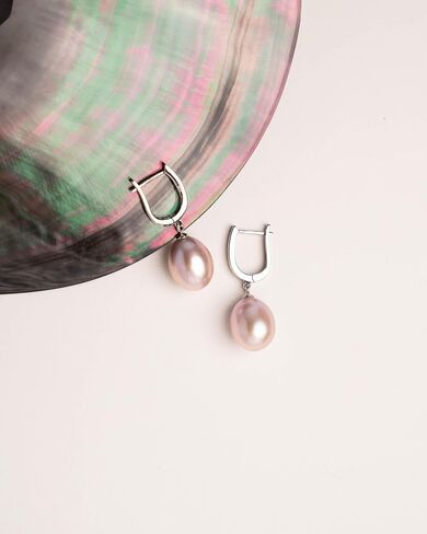 Women Pearl Earrings, Fresh Water Cultured Pearls Drop Shape 10,5-11 mm White, Lavender, Peach and treated Grey and Black colours by Secret & You | Sterling Silver 925 in Kuwait