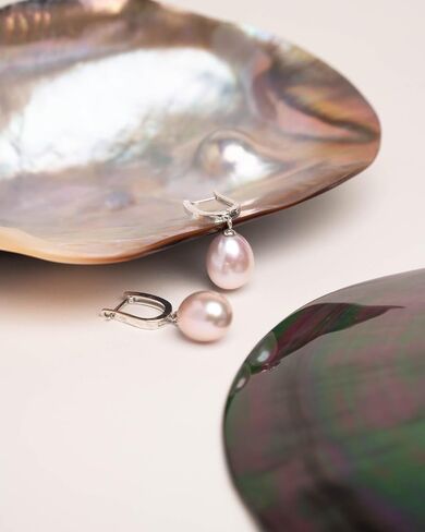 Women Pearl Earrings, Fresh Water Cultured Pearls Drop Shape 10,5-11 mm White, Lavender, Peach and treated Grey and Black colours by Secret & You | Sterling Silver 925 in Kuwait