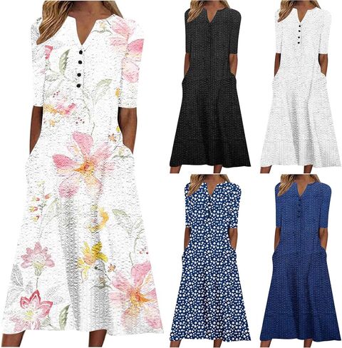فساتين ماكسي لكبار السن 2025 العصرية قصيرة الأكمام Tshirt فستان الصيف زهور الأزهار الشاطئ in Kuwait