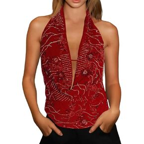 Women Sequin Halter Top Y2k Beaded Sparkly Sexy Cowl Neck Party Rave Tops in Saudi Arabia