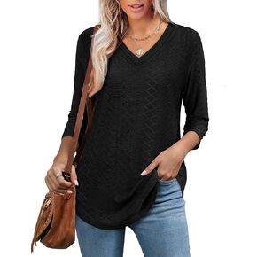 WEESO 3/4 Length Sleeve Womens Tops V Neck Casual Flowy Tunic Tops Loose Fit Blouses Curved Hem Spring Summer Outfits in Saudi Arabia