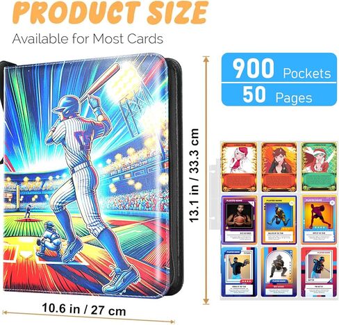 900 Pockets Trading Baseball Card Binder with Sleeves, 50 Removable Pages, 3 Ring Zipper Binder Collectable Card Book Album with Strap, Leather Sport Games Cards Folder, Card Collector Gifts in Kuwait