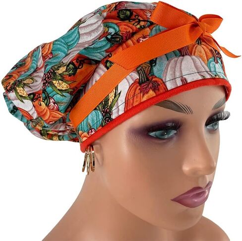 Bouffant Medical Cap – Autumn Vintage Pumpkins - Sweatband Ponytail Pouch Tie Back in Saudi Arabia