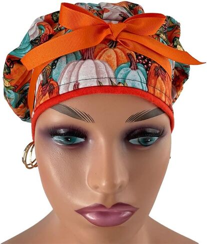 Bouffant Medical Cap – Autumn Vintage Pumpkins - Sweatband Ponytail Pouch Tie Back in Saudi Arabia