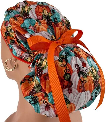 Bouffant Medical Cap – Autumn Vintage Pumpkins - Sweatband Ponytail Pouch Tie Back in Saudi Arabia