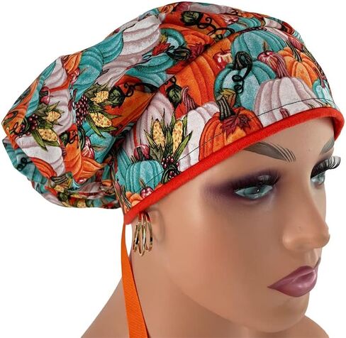 Bouffant Medical Cap – Autumn Vintage Pumpkins - Sweatband Ponytail Pouch Tie Back in Saudi Arabia