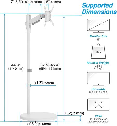 AVLT Single 17"-43" Inch Portable Monitor Arm TV Rolling Stand With Heavy Base for Screens Up to 22 lbs, Mechanical Spring Height Adjustment, Screen Rotation, Low Profile Base with Caster Wheel, Black in Kuwait