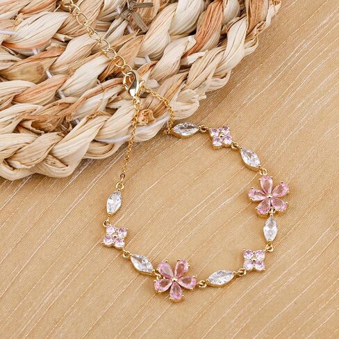 Cherry Blossom Bracelet, Gold Adjustable Flower Chain Pink Crystal Cherry Blossom Sakura Floral Bracelet Sparkly Petal Jewelry Accessories for Women in Saudi Arabia