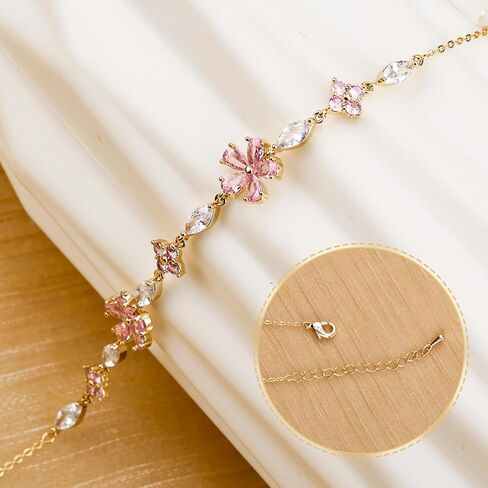Cherry Blossom Bracelet, Gold Adjustable Flower Chain Pink Crystal Cherry Blossom Sakura Floral Bracelet Sparkly Petal Jewelry Accessories for Women in Saudi Arabia