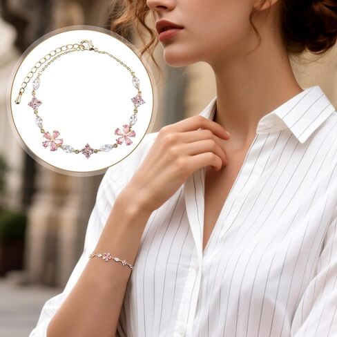 Cherry Blossom Bracelet, Gold Adjustable Flower Chain Pink Crystal Cherry Blossom Sakura Floral Bracelet Sparkly Petal Jewelry Accessories for Women in Saudi Arabia