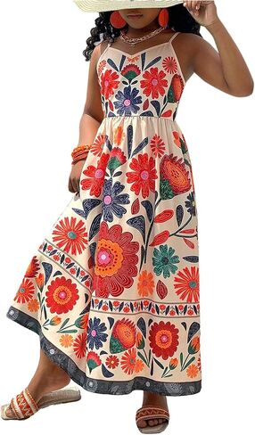 Girl's Floral Cami Dress Boho V Neck Sleeveless Beach Vacation Long Flowy Summer Sundress in Saudi Arabia