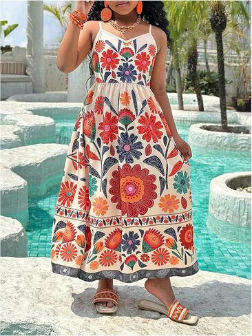 Girl's Floral Cami Dress Boho V Neck Sleeveless Beach Vacation Long Flowy Summer Sundress in Saudi Arabia