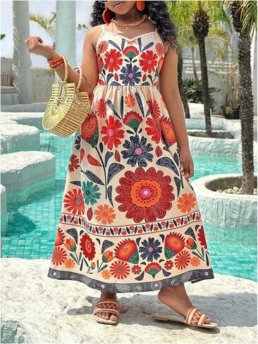 Girl's Floral Cami Dress Boho V Neck Sleeveless Beach Vacation Long Flowy Summer Sundress in Saudi Arabia