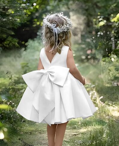 MCieloLuna V-Back Pearls Satin Flower Girl Dress Summer Mini Pageant Princess Wedding Guest First Communion Dress with Bow in Kuwait
