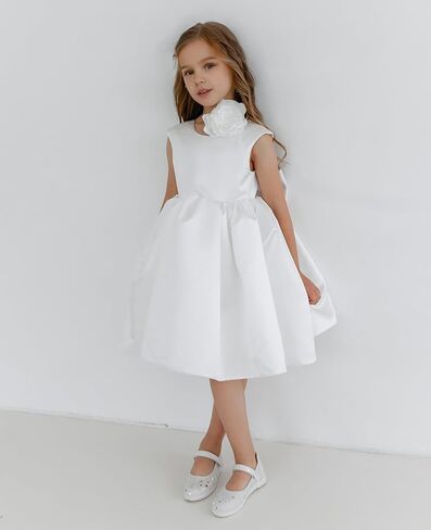 MCieloLuna V-Back Pearls Satin Flower Girl Dress Summer Mini Pageant Princess Wedding Guest First Communion Dress with Bow in Kuwait