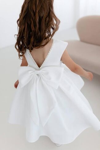 MCieloLuna V-Back Pearls Satin Flower Girl Dress Summer Mini Pageant Princess Wedding Guest First Communion Dress with Bow in Kuwait