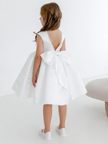 MCieloLuna V-Back Pearls Satin Flower Girl Dress Summer Mini Pageant Princess Wedding Guest First Communion Dress with Bow in Kuwait