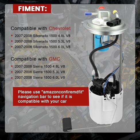 E3747M Electric Fuel Pump Module Assembly Compatible with Chevrolet Silverado 1500 GMC Sierra 1500 2007-2008 4.8L 5.3L 6.0L V8 Replace#19168097 F2758A 2202496218 in Saudi Arabia