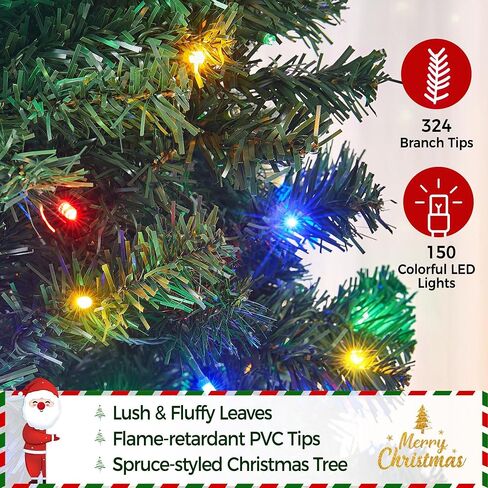 Yaheetech 6ft Spruce Pre-Lit Congrich Tree Tree Tree مع 300 مصابيح LED متعددة الألوان و 818 نصائح الفرع والمعادن للمنزل ، المكتب ، الديكور الحفلات ، الأخضر in Saudi Arabia