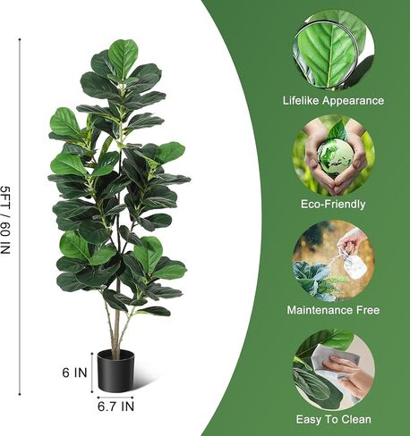 6FT Fiddle Leaf Fig Artificial Tree Faux Floor Plant with Black Planter Pot, Potted Fake Fiddle Leaf Fig Tree for Indoor Outdoor Home Office Decor in Saudi Arabia