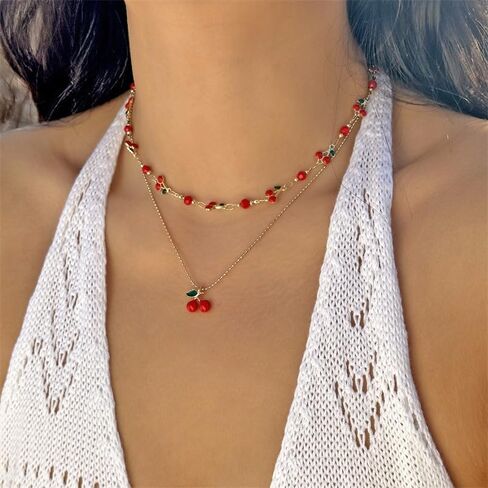 Cherry Necklace Bracelet Set for Women Dainty Gold Cherry Bracelet and Necklace Jewelry Set Cute Fruit 3D Charm Necklaces Summer Beach Jewelry Gifts in Saudi Arabia