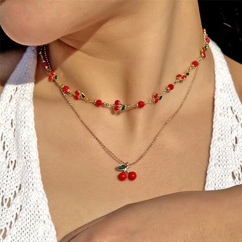 Cherry Necklace Bracelet Set for Women Dainty Gold Cherry Bracelet and Necklace Jewelry Set Cute Fruit 3D Charm Necklaces Summer Beach Jewelry Gifts in Saudi Arabia