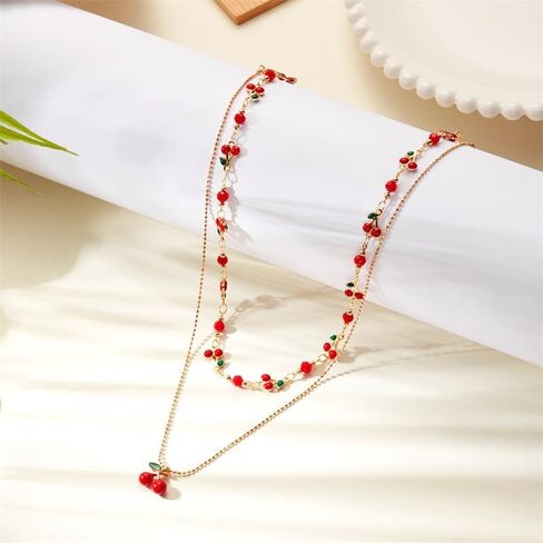 Cherry Necklace Bracelet Set for Women Dainty Gold Cherry Bracelet and Necklace Jewelry Set Cute Fruit 3D Charm Necklaces Summer Beach Jewelry Gifts in Saudi Arabia