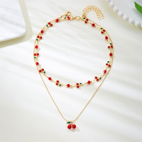 Cherry Necklace Bracelet Set for Women Dainty Gold Cherry Bracelet and Necklace Jewelry Set Cute Fruit 3D Charm Necklaces Summer Beach Jewelry Gifts in Saudi Arabia