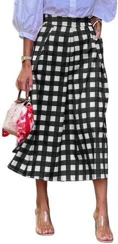 utcoco Women's Gingham Midi Skirt Retro Casual Office High Waisted A Line Pleated Checkered Skirt in Saudi Arabia