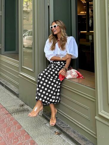 utcoco Women's Gingham Midi Skirt Retro Casual Office High Waisted A Line Pleated Checkered Skirt in Saudi Arabia