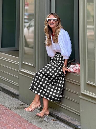 utcoco Women's Gingham Midi Skirt Retro Casual Office High Waisted A Line Pleated Checkered Skirt in Saudi Arabia