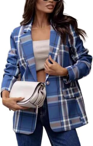 Plaid Blazer Jacket for Womens Long Sleeve 2025 Work Office Blazer Lapel Button Work Formal Blazer Jackets in Kuwait