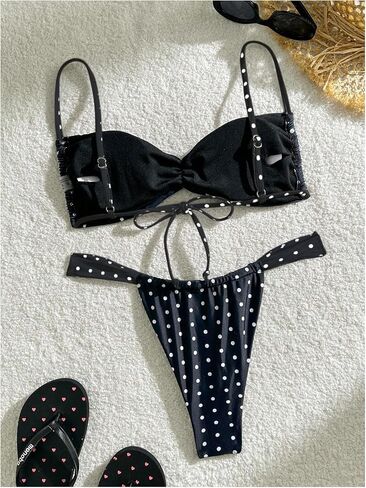 Makemechic Women's Polka Dots Bikini مجموعة التعادل مرة أخرى ثونغ بدلة السباحة الصيفية in Kuwait