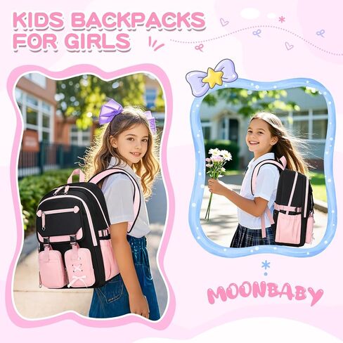 MOONBABY Girls Backpack with Lunch Box & Pencil Case for Kids Teens Bookbag for Elementary Primary Middle High School Daypack（Purple-3pcs in Saudi Arabia