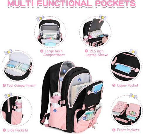 MOONBABY Girls Backpack with Lunch Box & Pencil Case for Kids Teens Bookbag for Elementary Primary Middle High School Daypack（Purple-3pcs in Saudi Arabia