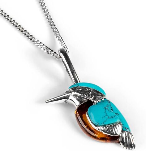 Kingfisher Necklace in Sterling Silver, Amber and Turquoise, Bird Necklace, Nature Lover Gift in Saudi Arabia