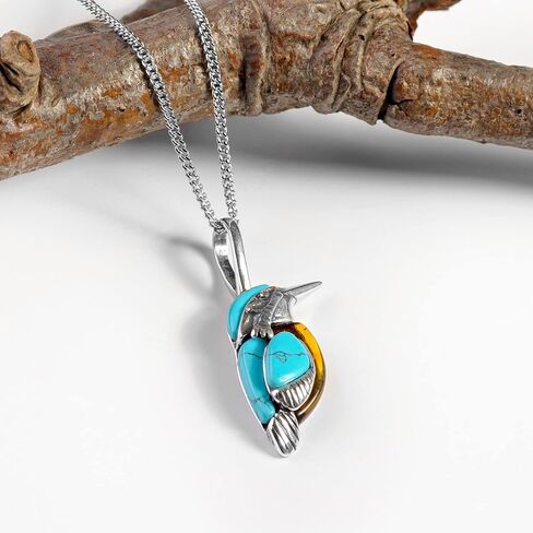 Kingfisher Necklace in Sterling Silver, Amber and Turquoise, Bird Necklace, Nature Lover Gift in Saudi Arabia
