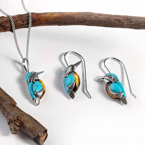 Kingfisher Necklace in Sterling Silver, Amber and Turquoise, Bird Necklace, Nature Lover Gift in Saudi Arabia