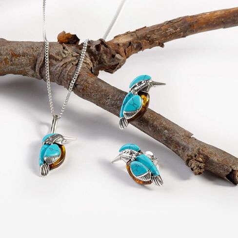Kingfisher Necklace in Sterling Silver, Amber and Turquoise, Bird Necklace, Nature Lover Gift in Saudi Arabia