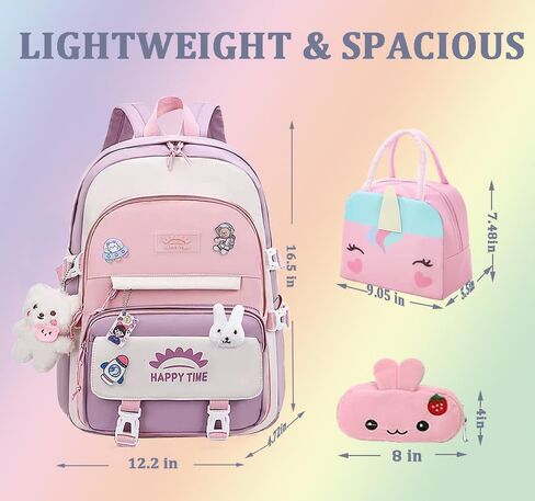 3pcs Girls Backpack, Kawaii School Backpack For Kids Children With Lunch Bag and Pencil Case (rabbit-blue) in Kuwait