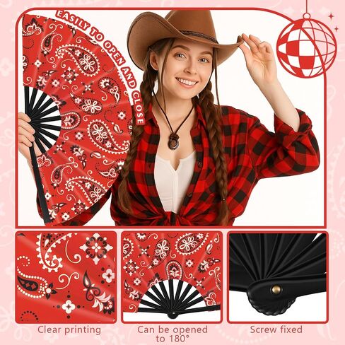 2 Pcs 13 inch Folding Hand Fan Patterned Folding Fans Foldable Party Favors for Music Festivals, Club Events, Dances Cowgirl, Cowboy Accessory for Western Party (Bandanas,Cow Style) in Saudi Arabia