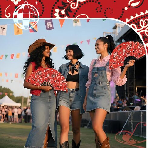 2 Pcs 13 inch Folding Hand Fan Patterned Folding Fans Foldable Party Favors for Music Festivals, Club Events, Dances Cowgirl, Cowboy Accessory for Western Party (Bandanas,Cow Style) in Saudi Arabia