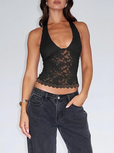 Women's Lace Halter V Neck Backless Tank Tops Cute Summer 2025 Fitted Sheer Going Out Tops in Saudi Arabia