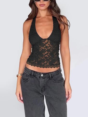 Women's Lace Halter V Neck Backless Tank Tops Cute Summer 2025 Fitted Sheer Going Out Tops in Saudi Arabia