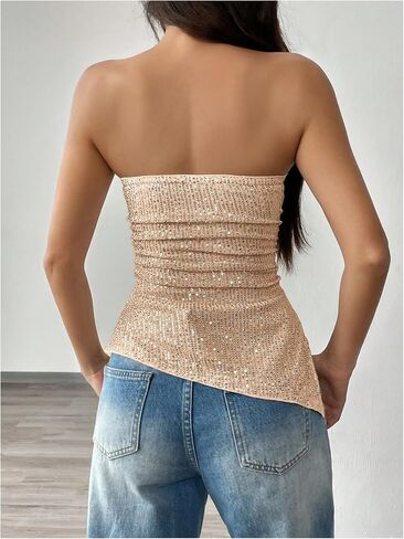 SweatyRocks Women's Glitter Sequin Strapless Tube Top Ruched Sleeveless Asymmetrical Bandeau Tops in Kuwait