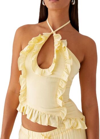 Passec Open Back Halter Tops for Women Bow Tie Back Ruched Ruffle Crop Tops Smocked Y2K Going Out Camisoles in Saudi Arabia