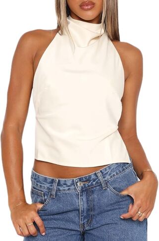 Passec Open Back Halter Tops for Women Bow Tie Back Ruched Ruffle Crop Tops Smocked Y2K Going Out Camisoles in Saudi Arabia